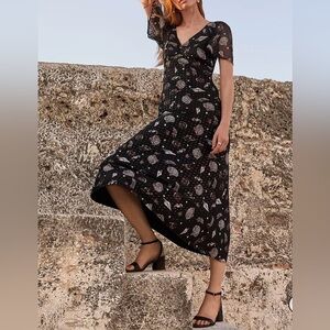 LOFT Metallic Clip Flutter Sleeve Midi Dress Seashells Beachy Size 18